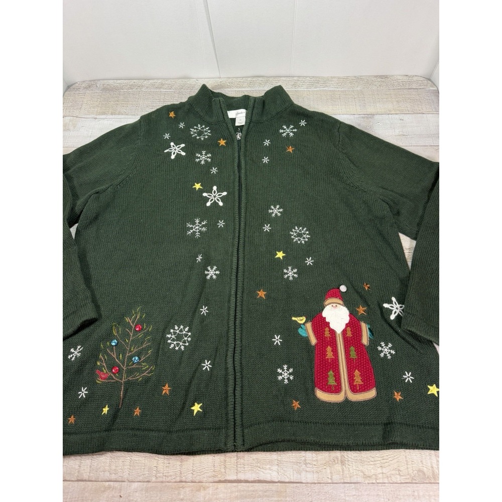 CJ Banks Christmas Sweater Womens 2X Santa Snowflake Zip Cardigan Grandmacore